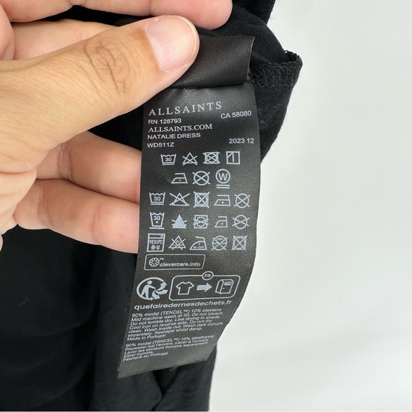 AllSaints Natalie Slim Fit Gathered Midi Dress Size 4 Black Short Sleeve Stretch - Picture 8 of 11